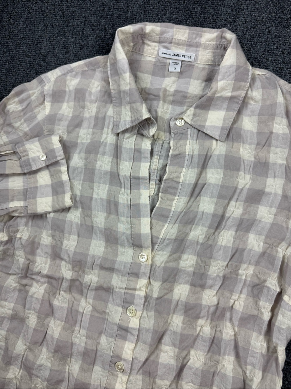 James Perse Shirt Womens Size 3 Gingham Check Grey Button Front Long Sleeve